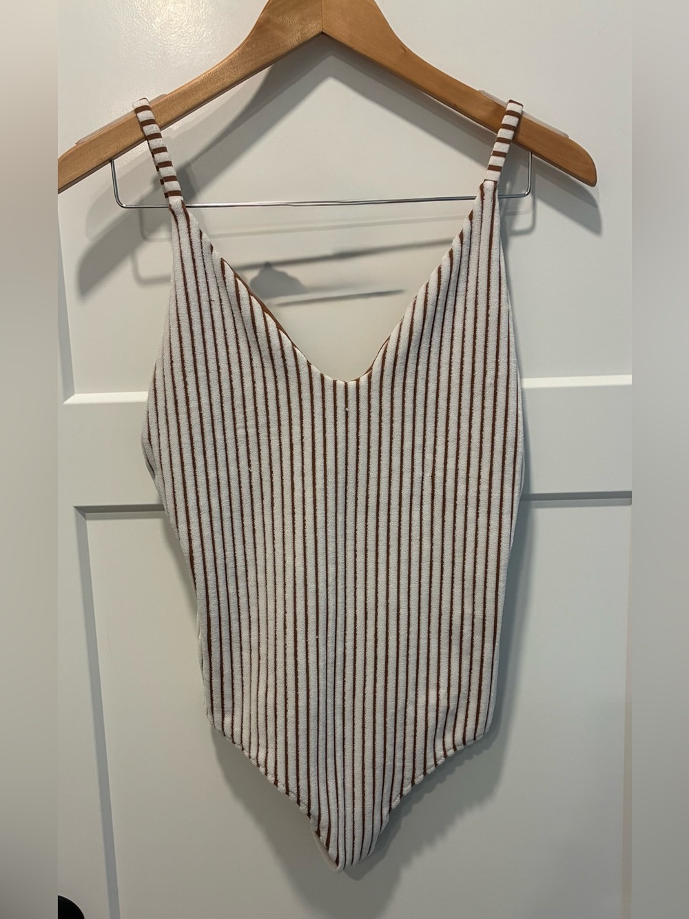 Aerie Striped Knit One-Piece Swimsuit in White and Brown. Women large